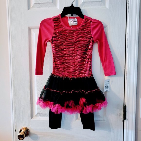BRAND NWT 2 Piece Size 4 Tutu Set (Black pants/Pink Sequin top w/tutu attached) - Picture 2 of 15